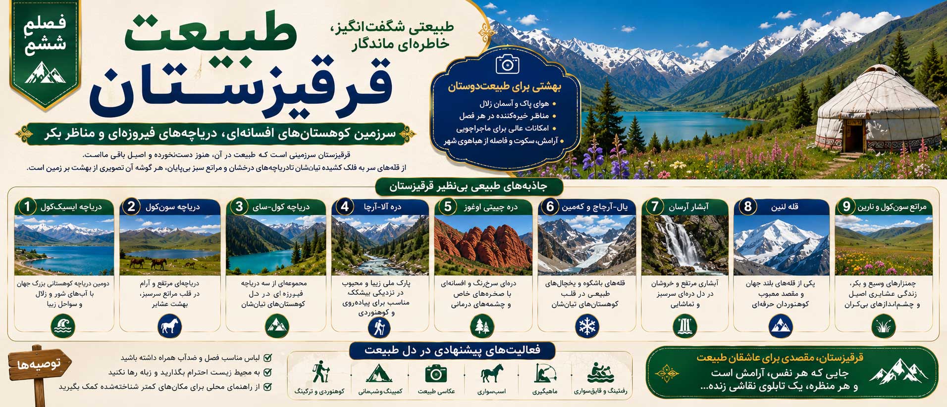 فصل ششم: طبیعت قرقیزستان؛ سرزمین کوهستان‌های افسانه‌ای، دریاچه‌های فیروزه‌ای و مناظر بکر